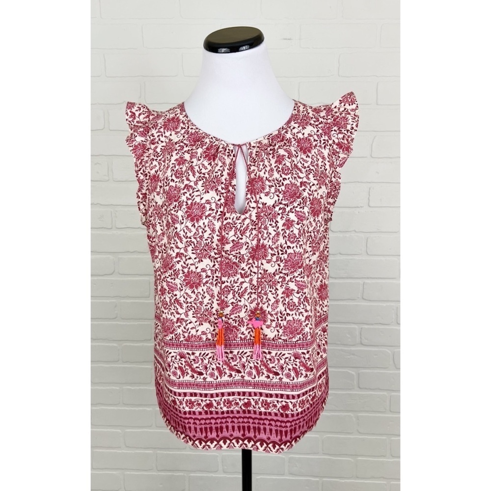 NWT C&C California Floral Tie Neck Beaded Bird Tassel Ruffle Cotton Size Medium